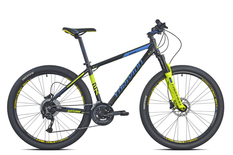 Kerékpár Torpado T770 27,5" SATURN 24seb. 49cm fekete/kék/fluo sárga SHIMANO ALIVIO 8X3, HIRAULIKUS fékkel(21T77049) 21T77049_KPM27