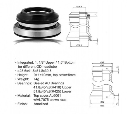 Kormánycsapágy ACO-HS40 A-HEAD INTEGRÁLT ALU. (1 1/8" / d:41,8mm/51,8/39,8mm), FEKETE - AUTHOR 23950151_AKCS